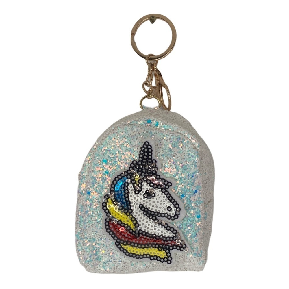 GLITTER UNICORN MINI BACKPACK COIN PURSE CHARM KEYCHAIN‎ IN WHITE - Picture 2 of 5